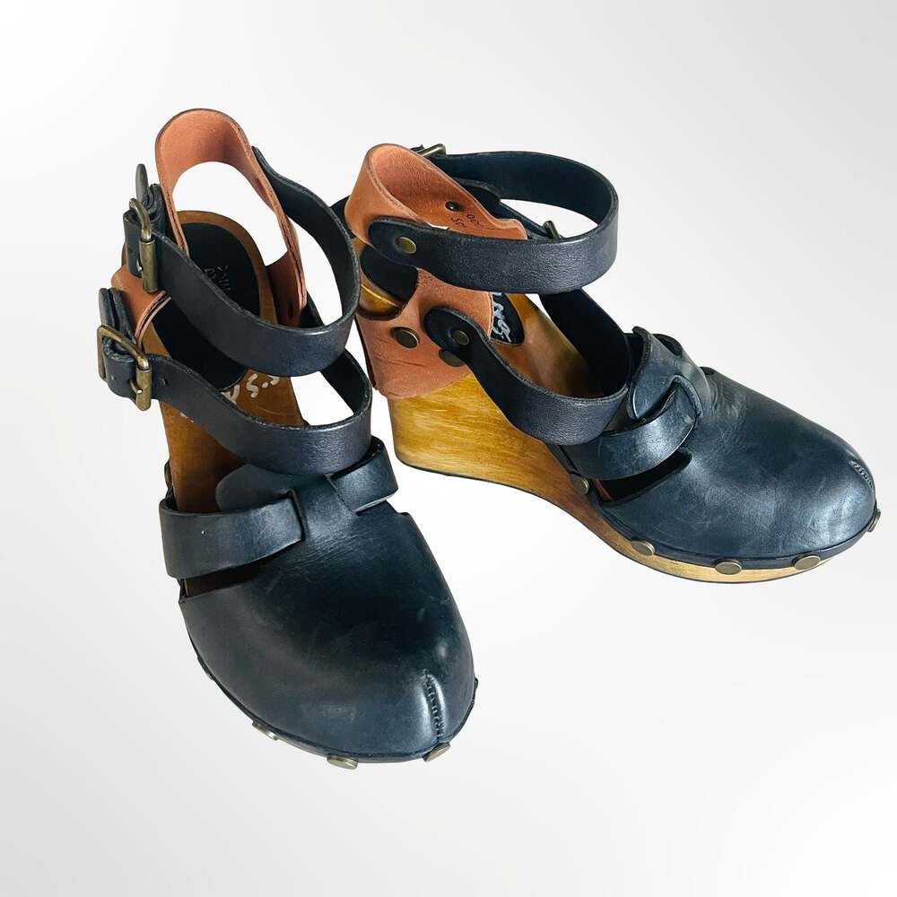 See By Chloé Two-Tone Leather Ankle Strap Clog Wedges